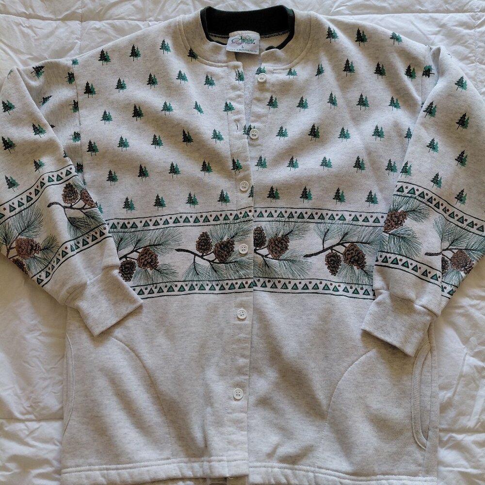 Artisan Designs Vintage Pinecone and Tree Cardigan Size L